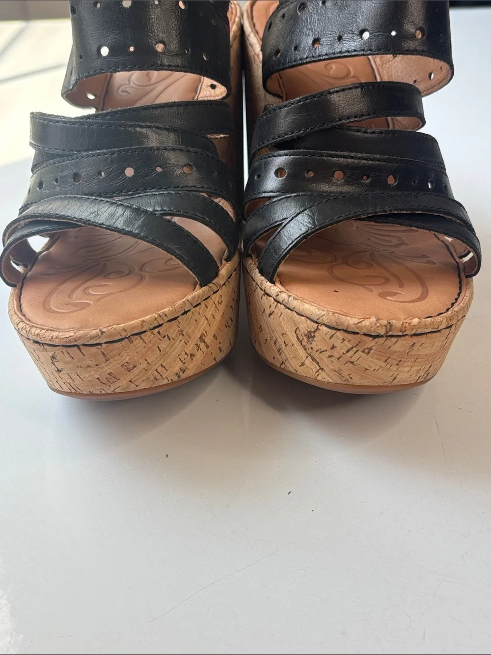 Born Black Leather Cork Wedge Sandals with Eyelet Details